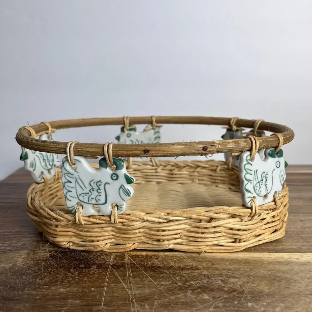 Vintage Wicker Basket w/ White & Sage Green Ceramic Chicken Accents Farmhouse